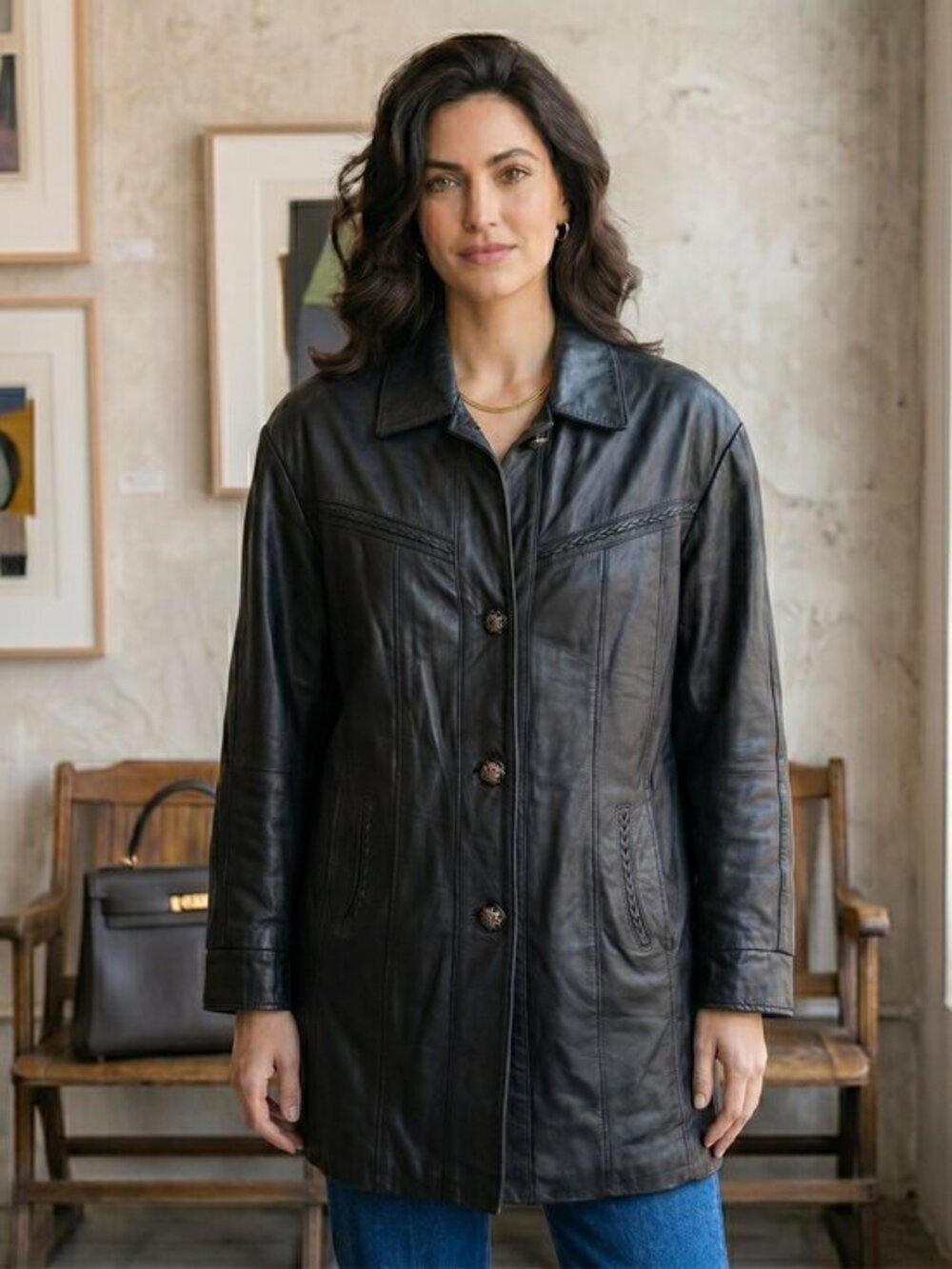 Vntg 1980's braided leather mid length black leather jkt Size medium